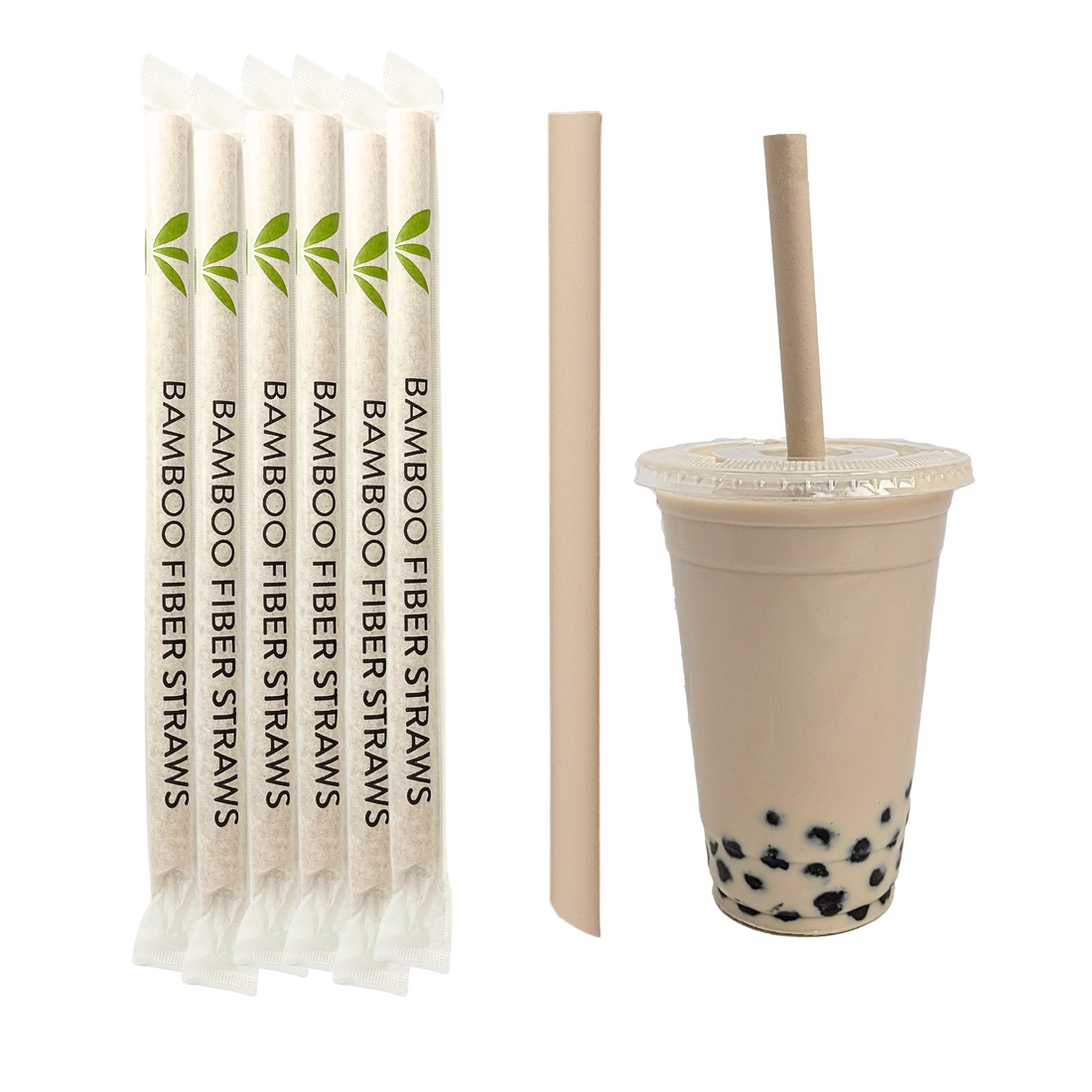 KGPeco wide 12 mm bamboo fiber boba straws, individually paper wrapped with a pointy end