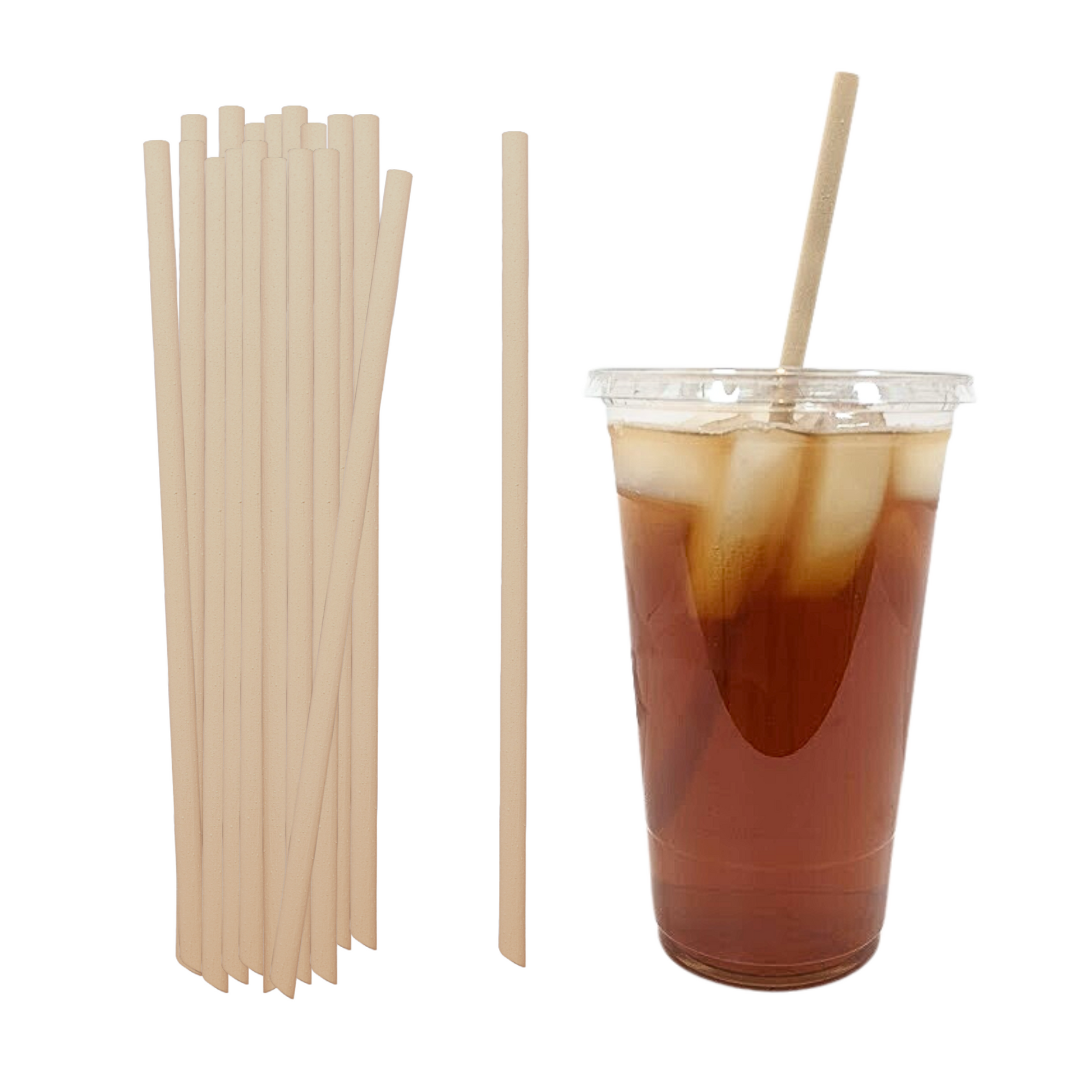 Regular straws, 9 inches long with pointy end, on iced tea.