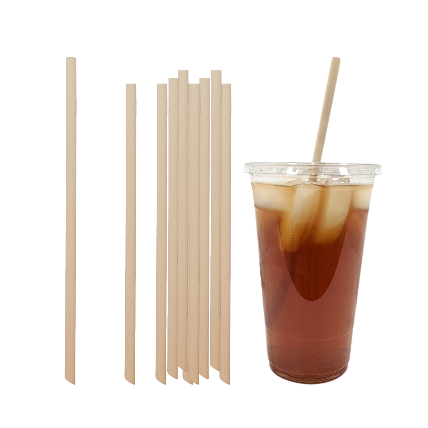 Regular straws, 8.27 inches long with pointy end, on iced tea.