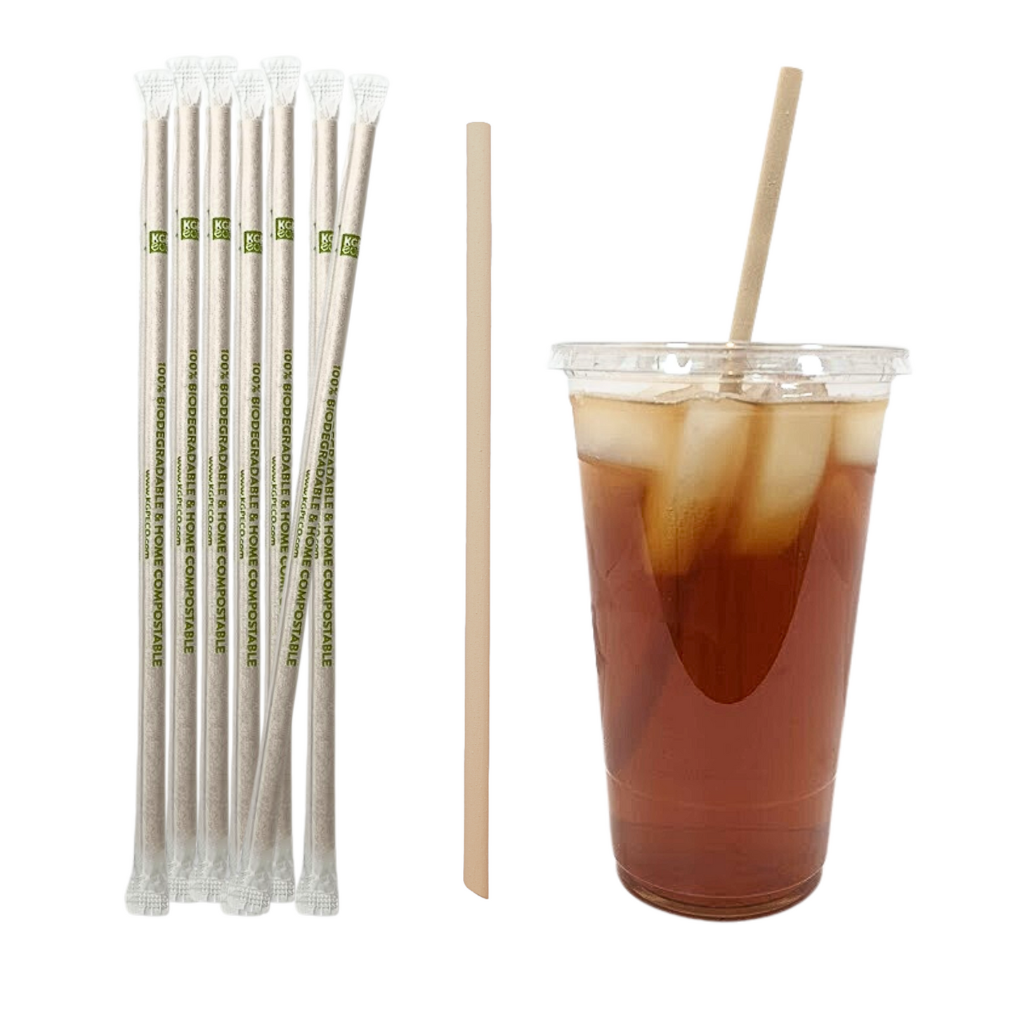 Wrapped Regular straws, 9 inches long with pointy end, on iced tea.