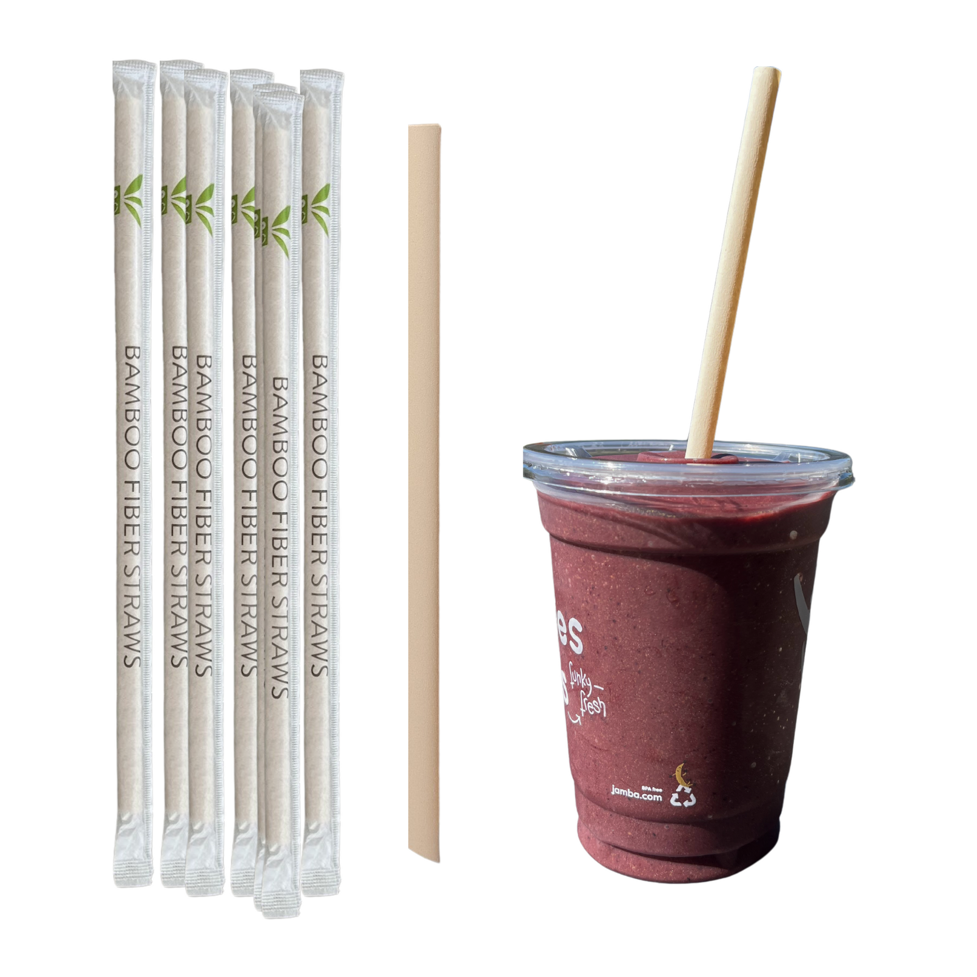 Wrapped Smoothie/Shake Straws 8mm Diameter, 9 inches long with pointy end, on a smoothie.