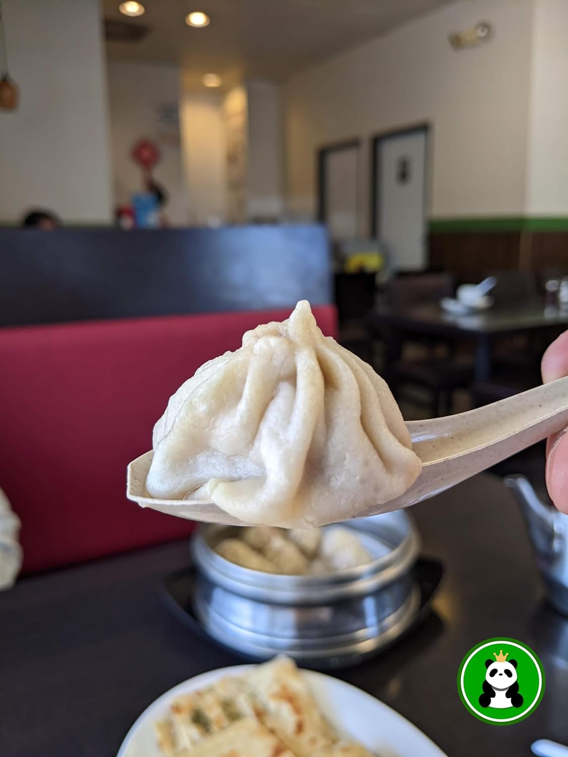 A dumpling on a soup spoon.